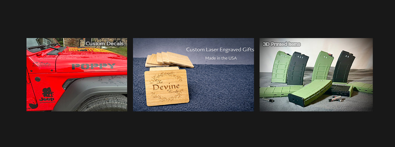 Three product images with text overlay on a black background